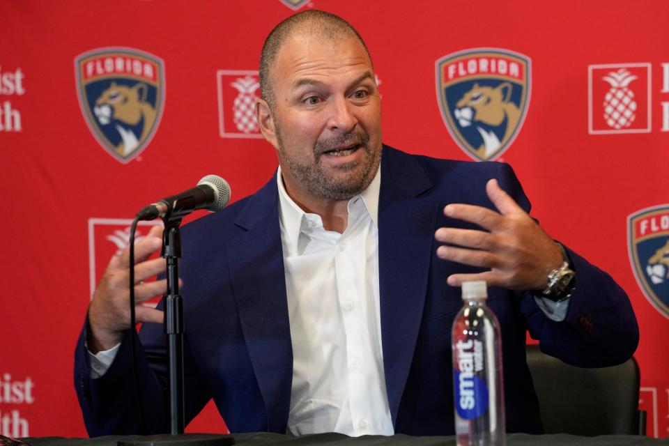 Florida Panthers general manager Bill Zito gestures Wednesday during the team's media day in Sunrise.