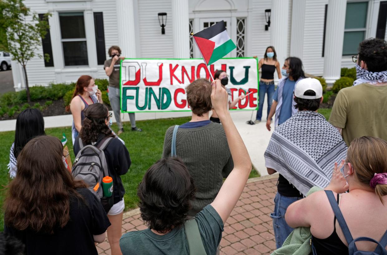 April 30, 2024; Granville, Ohio, USA; 
Students for Justice in Palestine at Denison University held a demonstration Tuesday in front of Slayter Hall Student Union. They asked for the university to call for a ceasefire in Palestine and to fully divest from Israel.