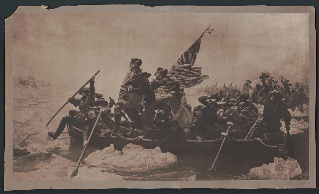 Gen. George Washington leads troops across the Delaware River on Dec. 25, 1777, in this famous rendering by Emanuel Luetze. At Trenton, New Jersey, the next day, the Americans conducted a surprise attack against Hessian fighters supporting the British in a key Revolutionary War battle.