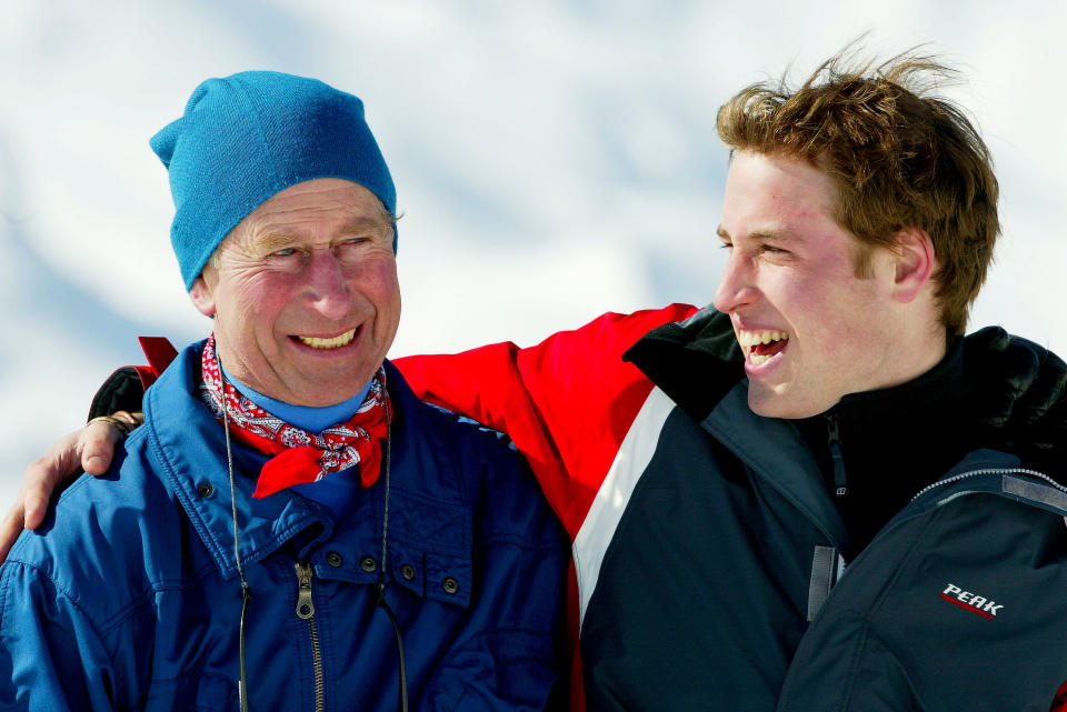 <p>Prince Charles and Prince William in the Swiss village of Klosters at the start of their annual skiing holiday in the Swiss Alps in 2004. (Getty Images)</p> 