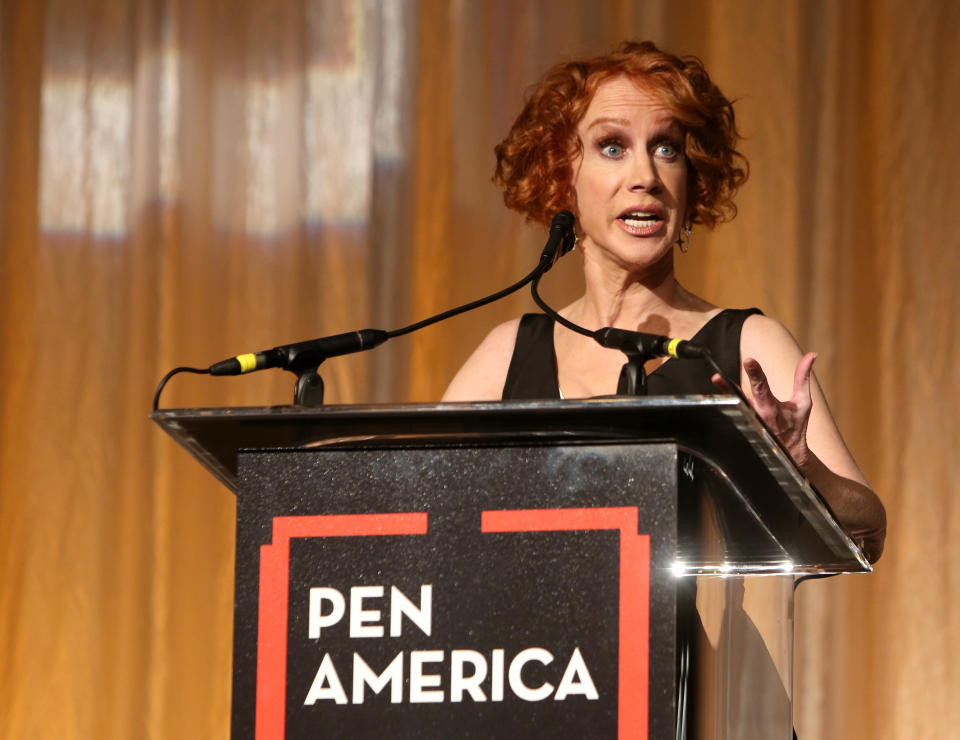 BEVERLY HILLS, CALIFORNIA - NOVEMBER 01: Kathy Griffin speaks onstage during the 29th Annual PEN America LitFestGala at Regent Beverly Wilshire Hotel on November 01, 2019 in Beverly Hills, California. (Photo by Randy Shropshire/Getty Images for PEN America)
