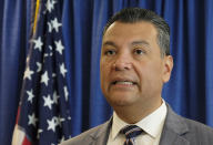 FILE - In this Nov. 2, 2018, file photo, California Secretary of State Alex Padilla talks about voting rights and announces new voter registration numbers in San Francisco. The potential ascendancy of Sen. Kamala Harris to the vice presidency next year has kicked off widespread speculation about who might replace her if Democrats seize the White House. Election Day is nearly three months away but California Gov. Gavin Newsom is already being lobbied by hopefuls and numerous names are emerging in the early speculation. One would be Newsom's longtime friend Padilla. He's Hispanic and has proven his electability statewide. (AP Photo/Eric Risberg, File)