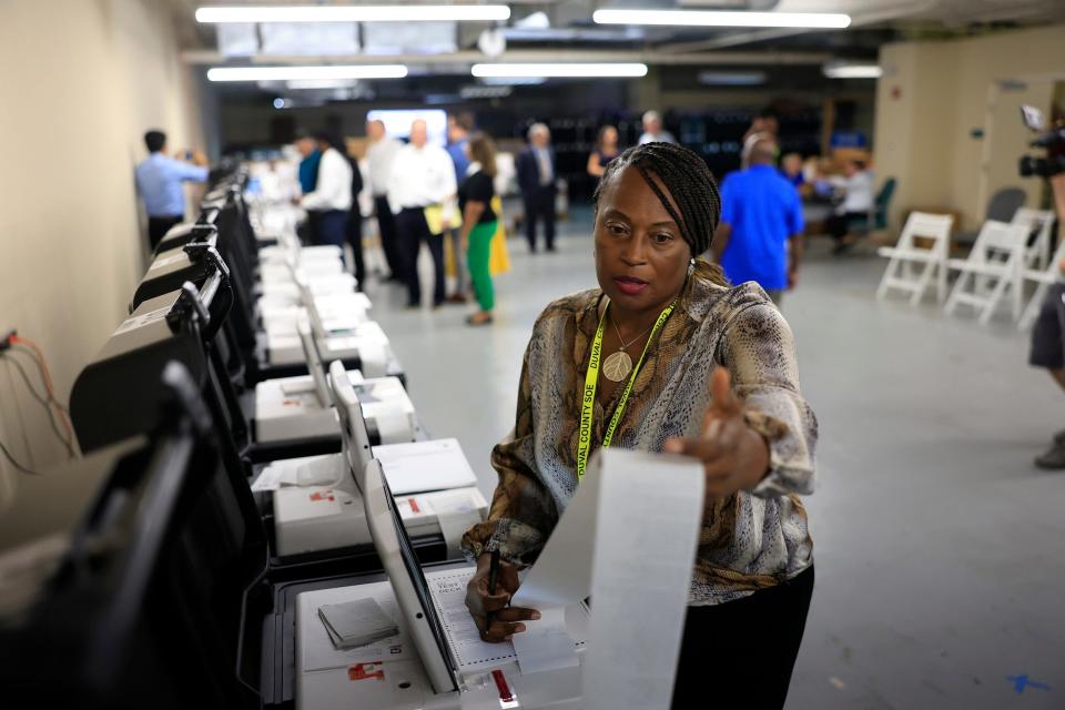 Duval County Court Judge Rhonda Peoples-Waters looks at a readout on a DS300 before signing off during a public testing of the automated tabulating voting equipment hosted by the Duval County Supervisor of Elections Office Thursday, July 25, 2024 in Jacksonville, Fla. The test, required by law, verifies full accuracy of the equipment in the upcoming Aug. 20 primary election.