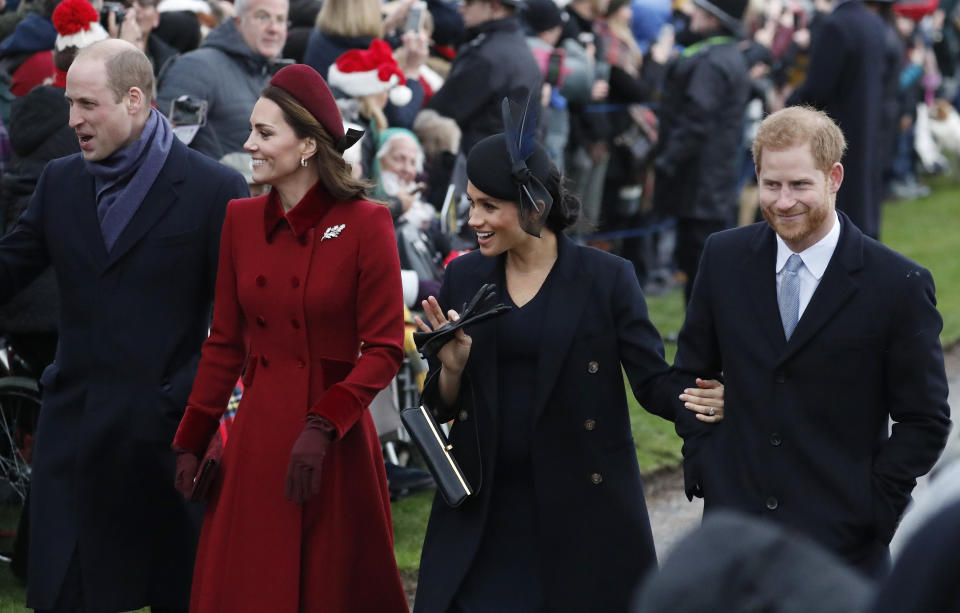 Britain's Prince William, left, Kate, Duchess of Cambridge, second left, Meghan Duchess of Sussex and Prince Harry, right, arrive to attend the Christmas day service at St Mary Magdalene Church in Sandringham in Norfolk, England, Tuesday, Dec. 25, 2018. (AP PhotoFrank Augstein)