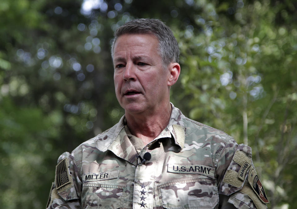 U.S. Army Gen. Austin S. Miller, the U.S.'s top general in Afghanistan, speaks to journalists at the Resolute Support headquarters, in Kabul, Afghanistan, Tuesday, June 29, 2021. Miller on Tuesday gave a sobering assessment of the country's deteriorating security situation as America winds down its so-called “forever war.” He pointed to the rapid loss of districts around the country — several with significant strategic value — and said he fears the militias deployed to help the security forces could lead the country into civil war. (AP Photo/Ahmad Seir)