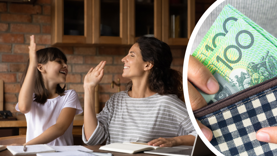 A parent and child high five and a person removes $100 notes from a wallet.