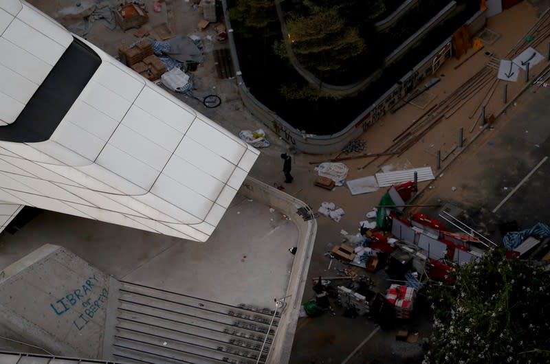 A protester walks on the campus of the Hong Kong Polytechnic University