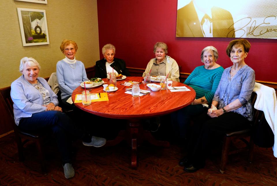 This group of women, plus a few more, have been having lunch at the Bob Evans restaurant in Blue Ash for the past 10 years. It’s a weekly grief support group. All the women are widows. (From left) Sheryl Sprague, Rita Neal, Norma Preuss, Virginia Hansman, Marilyn Woycke and Elsie Fangman.