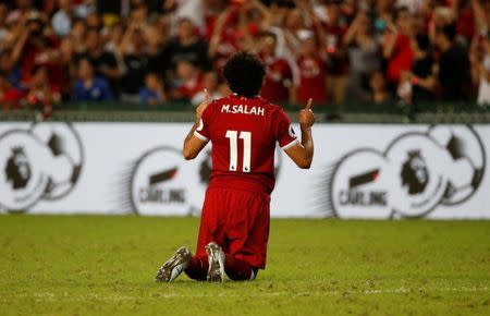 Soccer Football - Leicester City v Liverpool - Pre Season Friendly - The Premier League Asia Trophy - Final - June 22, 2017 Liverpool's Mohamed Salah celebrates scoring their first goal REUTERS/BOBBY YIP