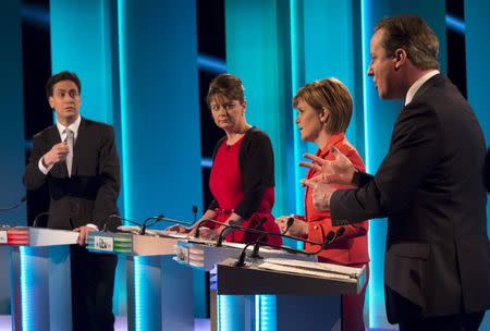 Ed Miliband the leader of the Labour Party, Leanne Wood the leader of Plaid Cymru, Nicola Sturgeon the leader of the Scottish National Party (SNP) and David Cameron the leader of the Conservative Party and Britain's current prime minister take part in the leaders televised election debate at Media City in Salford in Northern England, in this April 2, 2015 handout picture provided by ITV. REUTERS/Ken McKay/ITV/Handout via Reuters