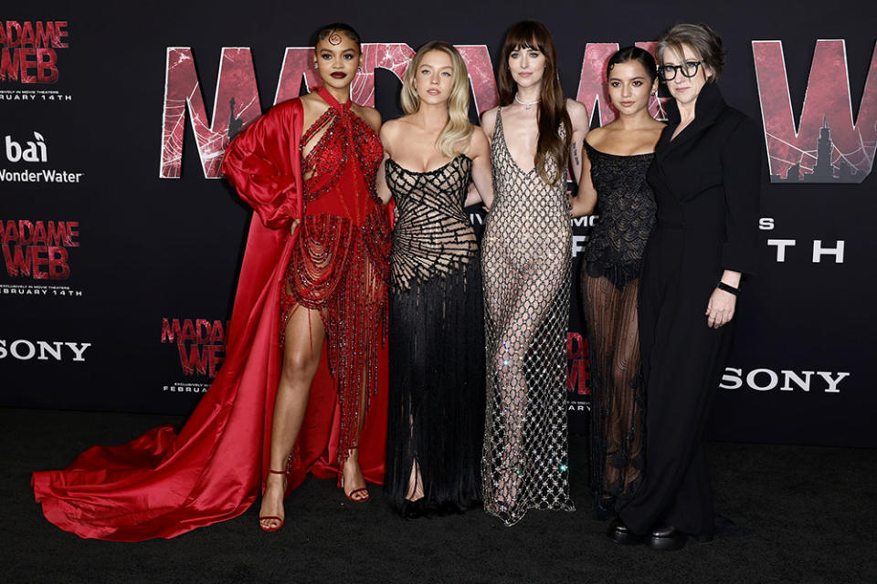 (L-R) Celeste O'Connor, Sydney Sweeney, Dakota Johnson, Isabela Merced and S. J. Clarkson attend the World Premiere of Sony Pictures' "Madame Web" at Regency Village Theatre on February 12, 2024 in Los Angeles, California.