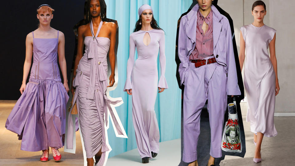 graphics of spring 2024 color trends, white, gray, butter yellow, pale lilac, glacial blue, apricot crush