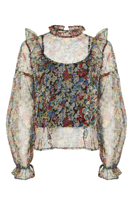 Floral Mesh Frill Blouse