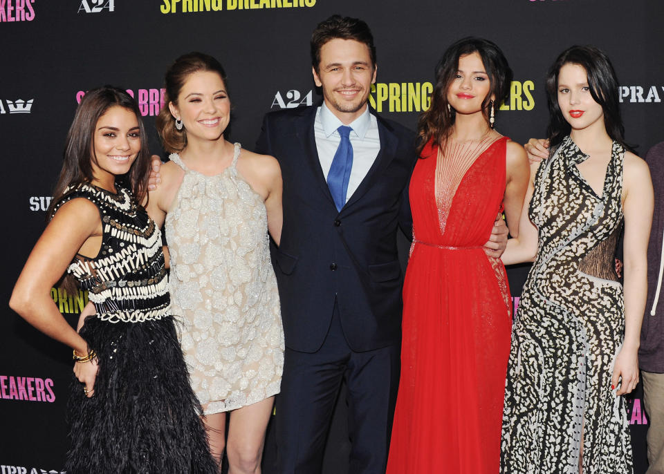 HOLLYWOOD, CA - MARCH 14:  Vanessa Hudgens, Ashley Benson, James Franco, Selena Gomez and Rachel Korine arrive at the Los Angeles Premiere 