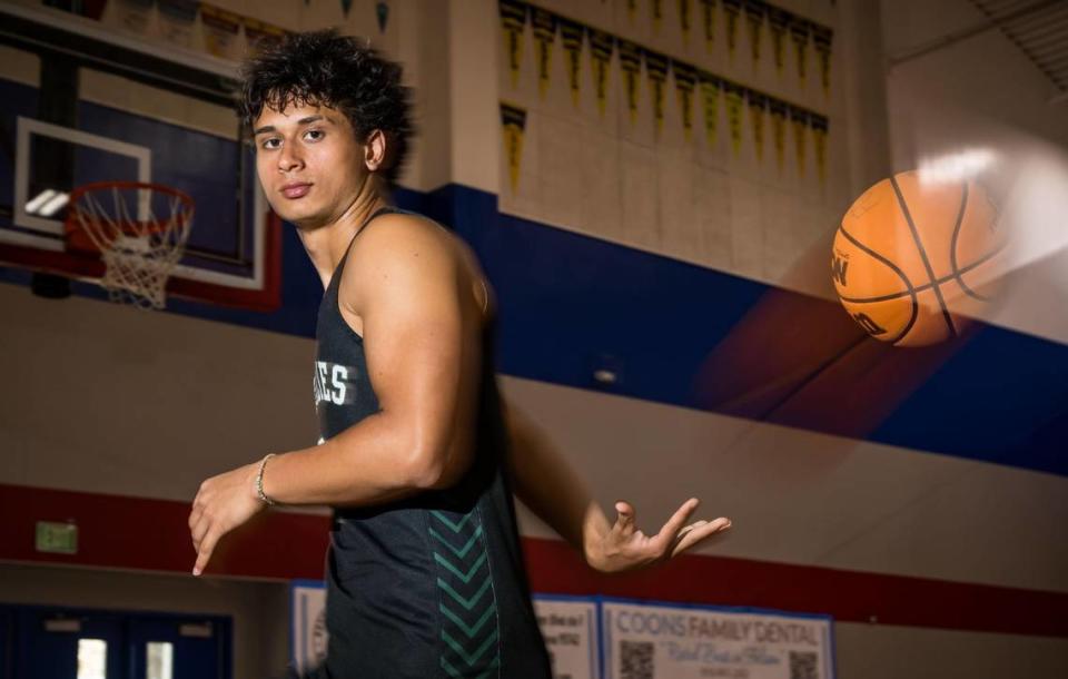 Granite Bay’s Yaqub Mir, The Sacramento Bee high school boys basketball player of the year, is photographed Wednesday, April 12, 2023, in the gym at Folsom High School.