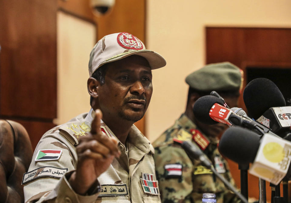 Gen. Mohamed Hamdan Dagalo, the deputy head of the military council speaks at a press conference in Khartoum, Sudan, Tuesday, April 30, 2019. Sudan’s ruling military council warned protesters against any further “chaos” as organizers call for mass rallies later this week. Dagalo, better known by his nickname "Hemedti, said Tuesday that council members “are committed to negotiate, but no chaos after today” and he called on protesters to open roads and railways. (AP Photo)