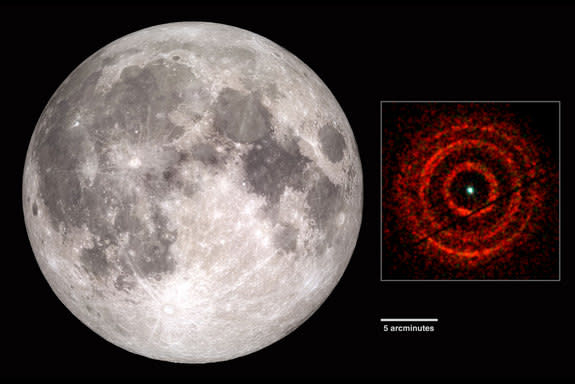 The Swift X-ray image of V404 Cygni creates a circle in the sky about half the diameter of the moon as seen from Earth. This image shows the rings as they appeared on June 30.