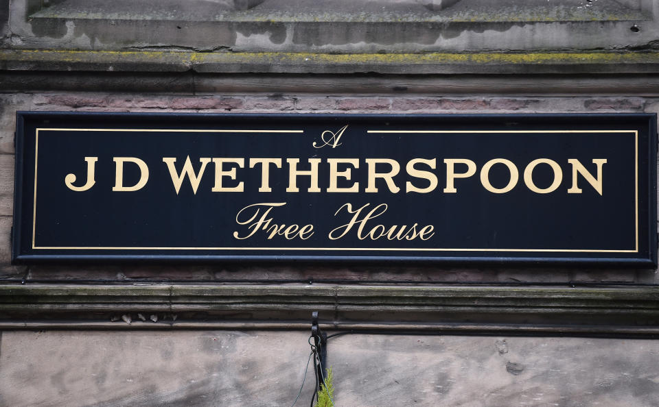 CONGLETON - JANUARY 26: A close up of a J D Wetherspoon pub sign on January 26, 2021 in Congleton, England . (Photo by Nathan Stirk/Getty Images)