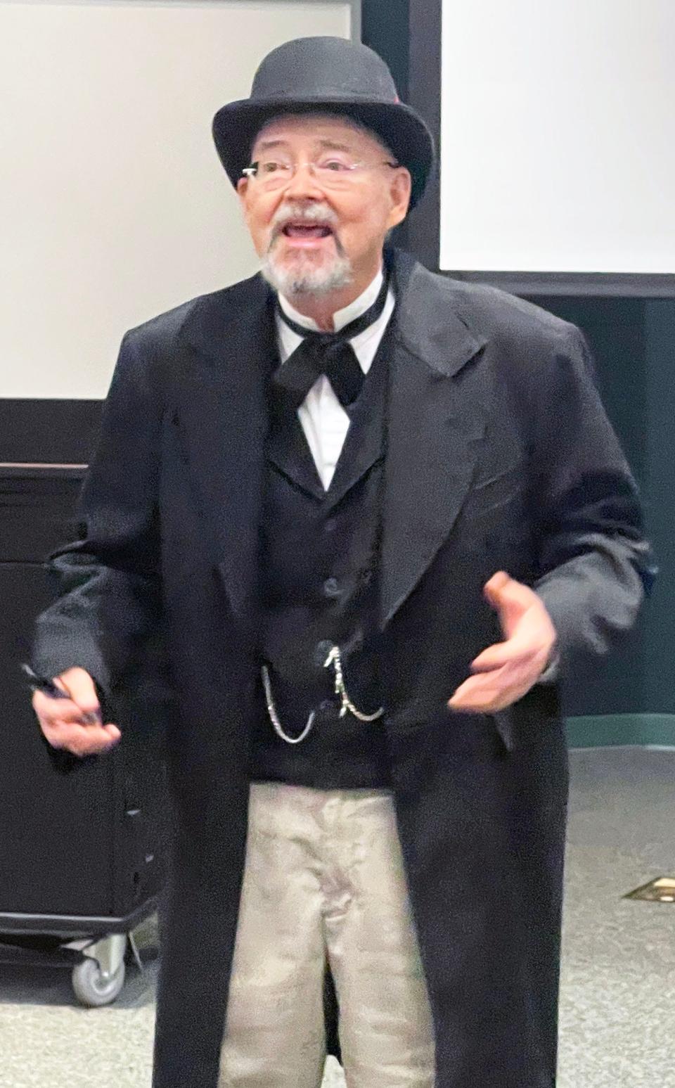 Engineer Barry Thacker gives a talk at Roane State Community College Oak Ridge on Coal Creek history while dressed in a Welsh miner’s outfit as he portrays mining engineer David Thomas who lived in Coal Creek (now Rocky Top) in the late 19th and early 20th centuries.