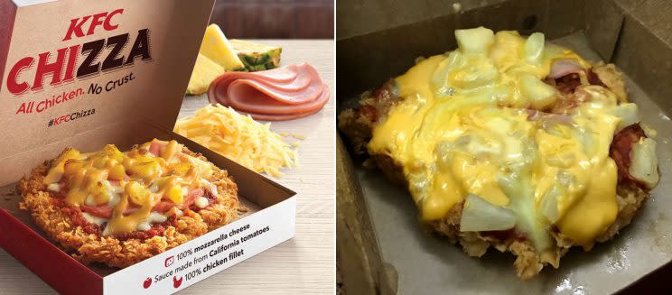 Chizza illustration from KFC’s Facebook page (left), actual product bought from a KFC outlet (right)