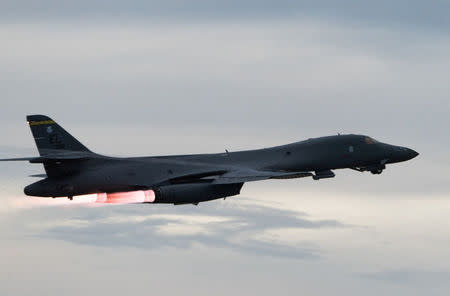 A U.S. Air Force B-1B Lancer assigned to the 37th Expeditionary Bomb Squadron, takes-off to fly a bilateral mission with Japanese and South Korea Air Force jets in the vicinity of the Sea of Japan, from Andersen Air Force Base, Guam, October 10, 2017. Senior Airman Jacob Skovo-Lane/U.S. Air Force/Handout via REUTERS