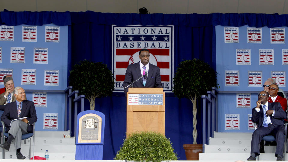 Hall of Fame inductee Andre Dawson during Baseball Hall of Fame induction ceremony in Cooperstown, N.Y., on Sunday, July 25, 2010. (AP Photo/Mike Groll)