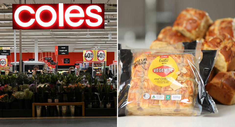 Pictured is a Coles store on the left and Vegemite hot cross buns in the pack on the right.