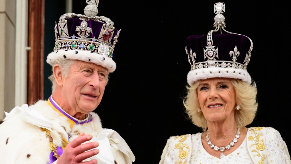 King Charles III in the Imperial State Crown and Queen Consort Camilla in Queen Mary's Crown