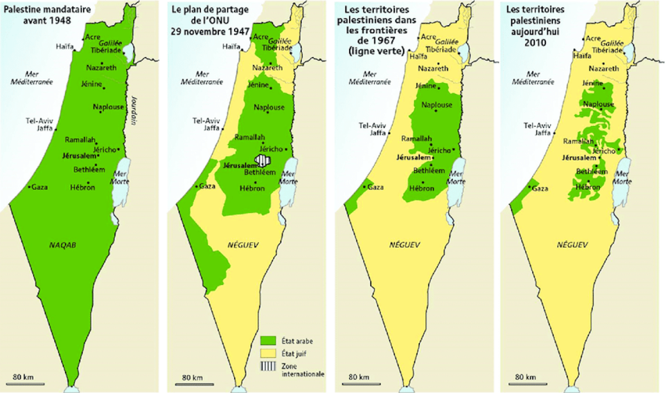 Mapas que muestran la evolución del territorio palestino (en verde), antes de 1948, en 1947 según el plan de la ONU, en 1967 y en 2010. Mapas de Philippe Rekacewicz. <a href="https://www.researchgate.net/figure/Evolution-du-territoire-palestinien-cartes-de-Philippe-Rekacewicz_fig5_324030792" rel="nofollow noopener" target="_blank" data-ylk="slk:Régis Martineau;elm:context_link;itc:0;sec:content-canvas" class="link ">Régis Martineau</a>