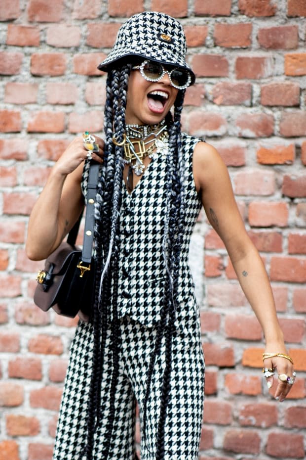 <p>On the street at Milan Fashion Week. Photo: Imaxtree</p>