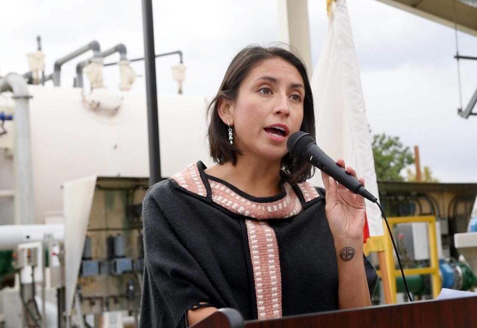 Yana Garcia, California secretary for Environmental Protection, speaks at a water treatment plant in Keyes, Calif., in 2022. California received more funding in 2023 to support clean water infrastructure.