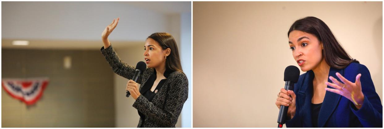 AOC collage U.S. Rep. Alexandria Ocasio-Cortez (D-NY) speaks at a public housing town hall at a New York City Housing Authority (NYCHA) residence on August 29, 2019