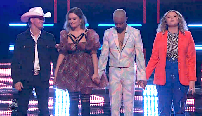 Bryce Leatherwood, Sasha Hurtado, Kevin Hawkins, and Kate Kalvach await their fate on 'The Voice' Season 22's top 16 live results show. (Photo: NBC)