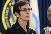 Honolulu Police Chief Susan Ballard speaks at a news conference after announcing the death of two police officers responding to a call near Diamond Head, Sunday, Jan. 19, 2020, in Honolulu. (AP Photo/Marco Garcia)