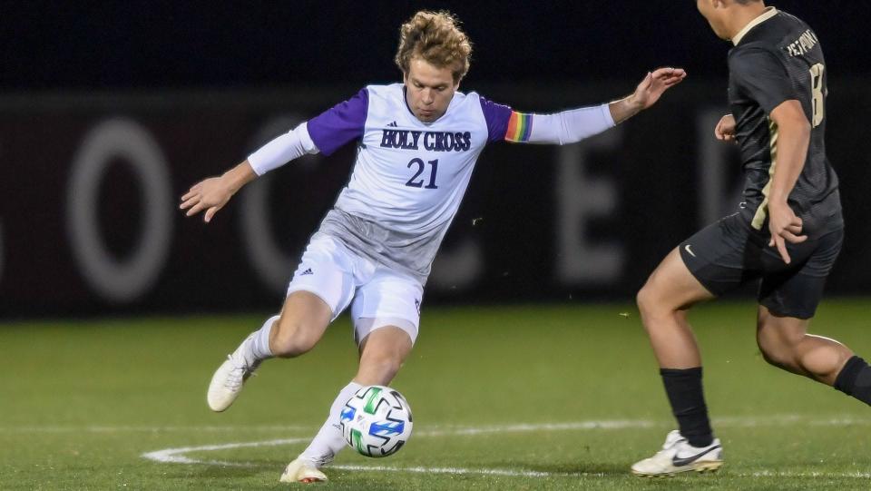 Matt McGonigle, shown here in a game last year, connected on a second-half penalty kick to pull Holy Cross men's soccer into a 1-1 tie with Manhattan to open the season.