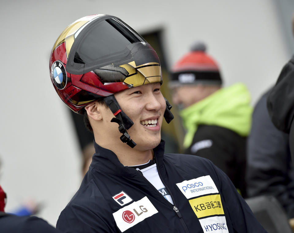 Yun Sung Bin from South Korea smiles after winning the men's Skeleton world cup in Winterberg, Germany, Sunday, Jan.5, 2019. (Caroline Seidel/dpa via AP)