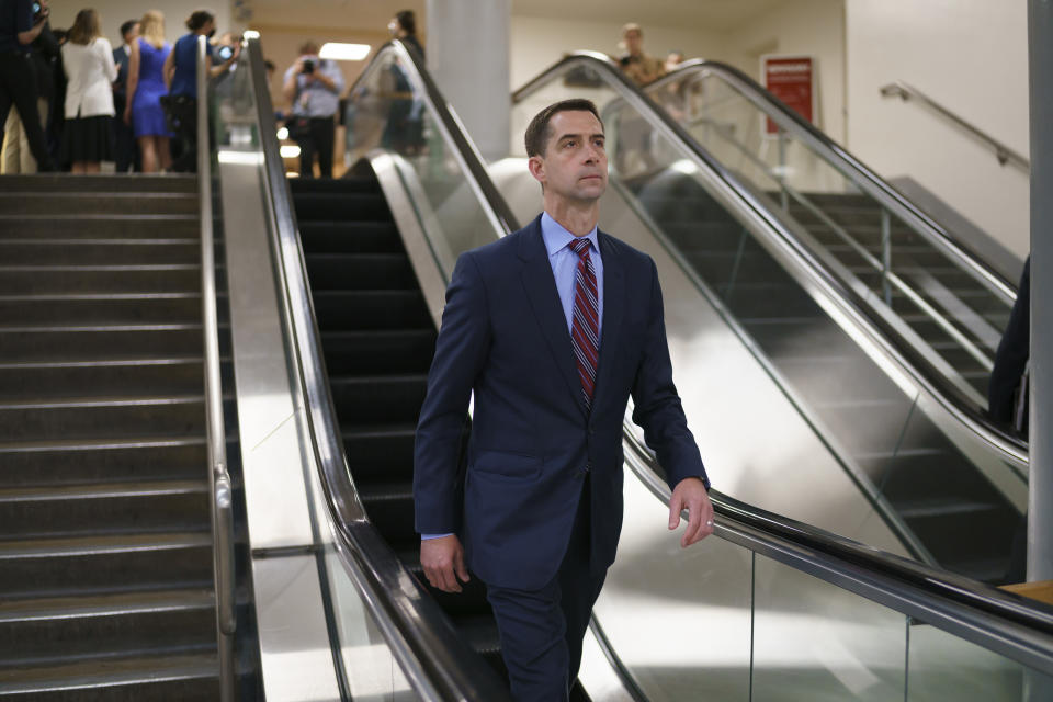 FILE - In this May 27, 2021, file photo, Sen. Tom Cotton, R-Ark., takes the escalator as senators go to the chamber for votes ahead of the approaching Memorial Day recess, at the Capitol in Washington. The midterms are more than a year away and there are 1,225 days until the next presidential election. But Republicans eyeing a White House run are wasting no time in jockeying for a strong position in what could emerge as an extremely crowded field of contenders. Cotton is slated to visit Iowa on June 29. (AP Photo/J. Scott Applewhite, File)