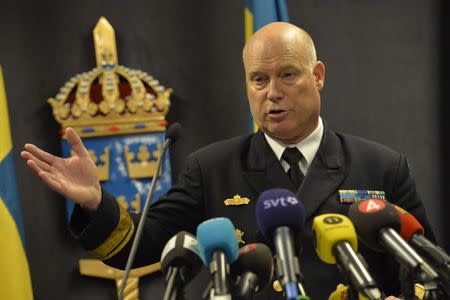 Swedish Rear Admiral Anders Grenstad speaks during a news conference in the headquarters of the Swedish Armed Forces in Stockholm, October 19, 2014. REUTERS/Jonas Ekstromer/TT News Agency