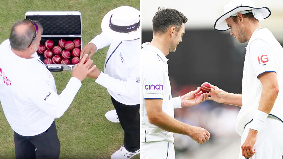Umpires select a much newer ball during the fifth Ashes Test.