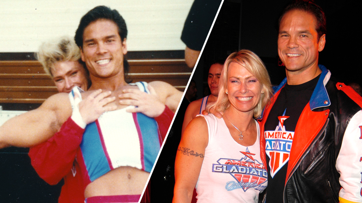 American Gladiators stars Dan "Nitro" Clark and Lori "Ice" Fetrick then and now. (Photo: Netflix, Getty Images)