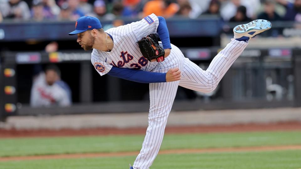 May 1, 2023; New York City, New York, USA; New York Mets starting pitcher Tylor Megill (38) follows through on a pitch against the Atlanta Braves during the first inning at Citi Field.