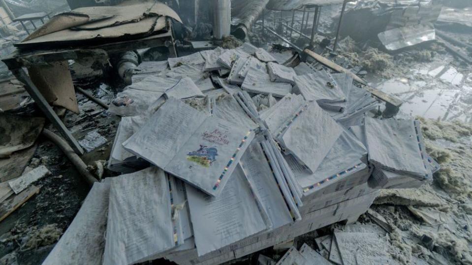 Rescue workers respond to the scene of a Russian missile attack on the Faktor Druk printing house on May 23, 2024 in Kharkiv