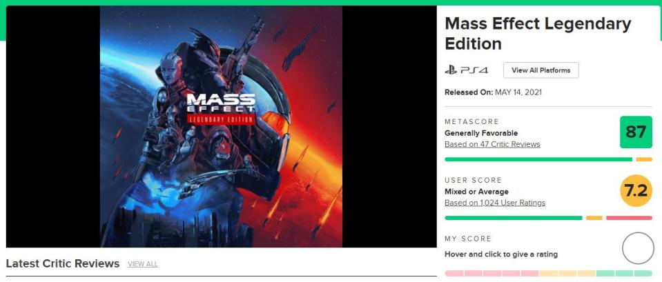 Mass Effect Legendary Edition tiene un promedio de 87 en Metacritic