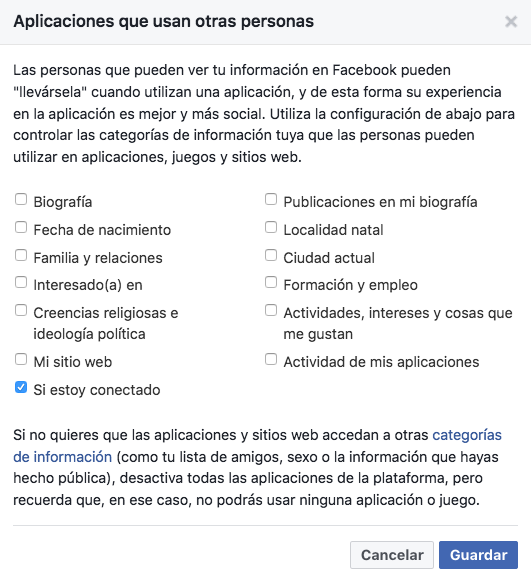 Información de aplicaciones que usan otras personas (Facebook)