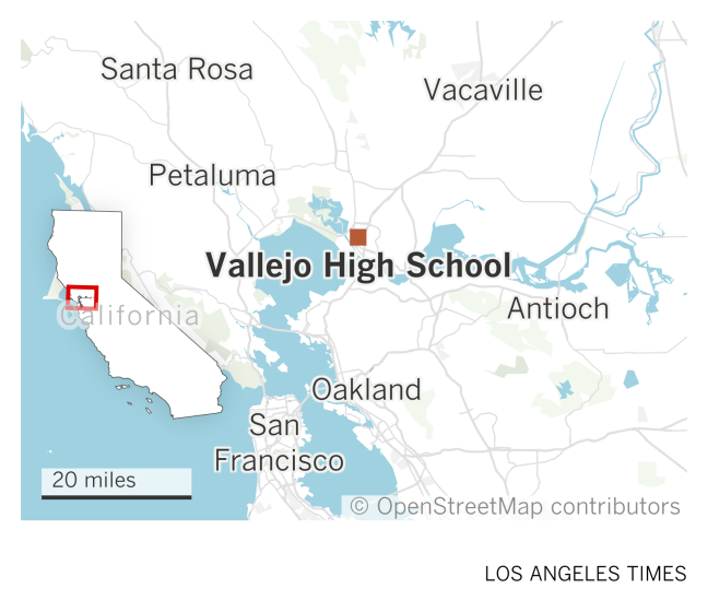 A map of the San Francisco Bay Area shows the location of Vallejo High School north of Oakland