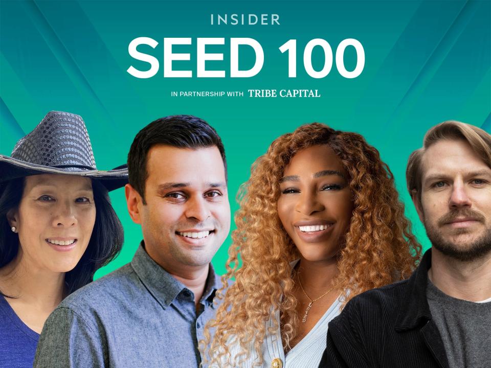 Text that says: Insider Seed 100, In partnership with Tribe Capital. Photos of Aileen Lee, Ameet Shah, Serena Williams, Dan Teran