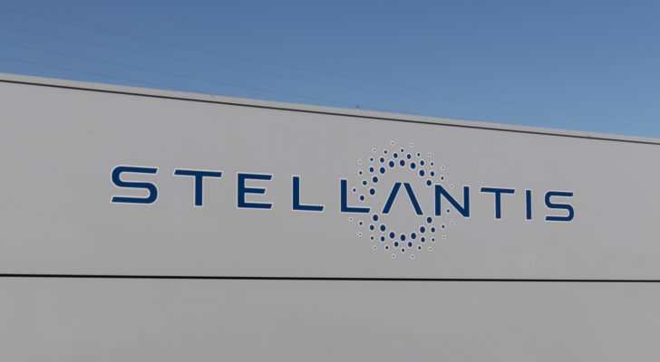 Stellantis (STLA) logo at the transmission factory. The Stellantis subsidiaries of FCA are Chrysler, Dodge, Jeep, and Ram.