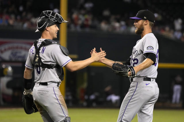 Colorado Rockies catcher Brian Serven (6) in the third inning of a