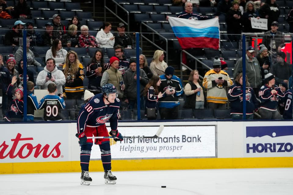 Nov 27, 2023; Columbus, Ohio, USA; Columbus Blue Jackets left wing Dmitri Voronkov (10) warms up prior to the NHL game against the Boston Bruins at Nationwide Arena.