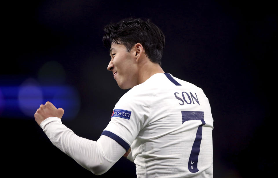 Tottenham Hotspur's Son Heung-min celebrates scoring his side's third goal of the game during the Champions League Group B match against Red Star at Tottenham Hotspur Stadium, London, Tuesday Oct. 22, 2019. (Nick Potts/PA via AP)